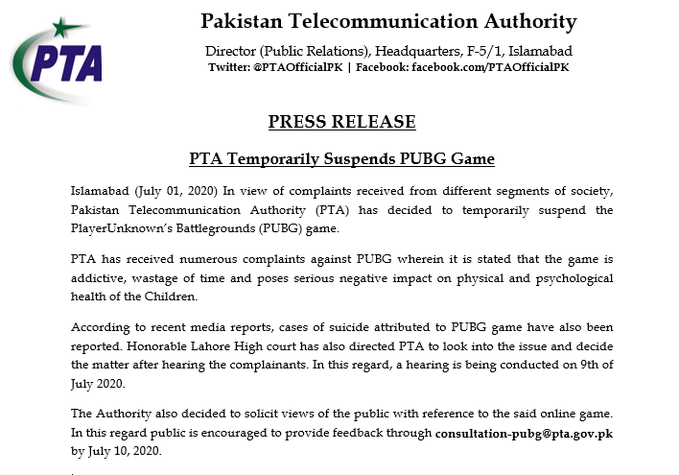 PTA Bans PUBG in Pakistan